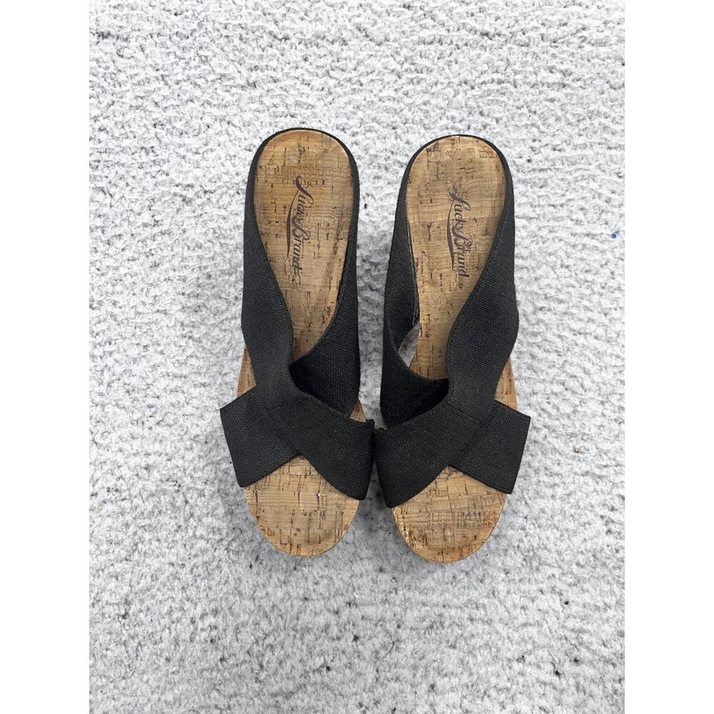 Women's Lucky Brand Miller Black Strap Slip On Cork Wedge Sandals Size 8 - Picture 5 of 13